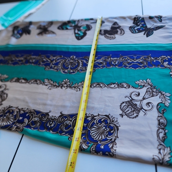 Cache Satin Green Blue Dress Beige Butterfly Scroll Chain Equestrian Print Sz M - Picture 14 of 16